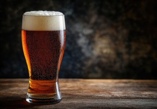 A tall glass of amber beer with frothy foam sits on a rustic wooden table against a dark, textured background. Ideal for brewery marketing, pub promotions, and beverage branding