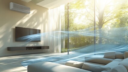 Modern Living Room Air Conditioning System,  Clean Air Circulation, Comfortable Home,  Elegant Design, Energy Efficiency