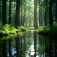 Naklejka premium Sunlit Forest Stream: Lush Green Trees and Tranquil Water Reflection
