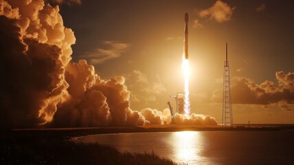 Obraz premium A Falcon 9 rocket ascends from Launch Complex 40 at Cape Canaveral Air Force Station, illuminating the sky with its engine flames against a backdrop of clouds and a vibrant sunset
