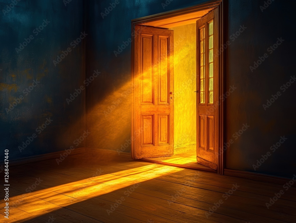 Poster open door in a room with light streaming through creating a mysterious atmosphere
