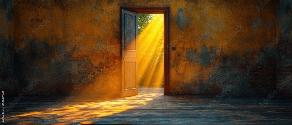 Poster doorway with light streaming through in an empty room creating a mysterious atmosphere