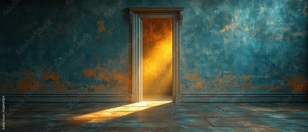 Poster open doorway in a blue room with light streaming in creating a mysterious ambiance and inviting spac