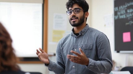 An engaged Indian student confidently presents his project to a group of classmates in a classroom environment, using expressive hand gestures to emphasize key points