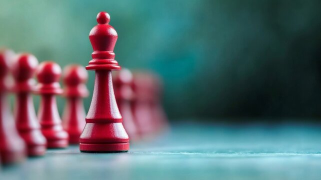 A close-up view of red chess pieces standing in a line on a chessboard, showcasing intricate details and a soft-focus background. The arrangement hints at a strategic game in progress