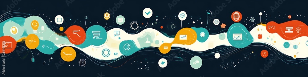 Poster abstract illustration depicting interconnected business concepts and data flow