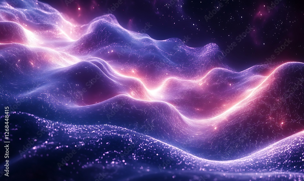 Poster A vibrant digital wave of cascading binary code in a complex abstract design.