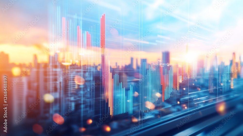 Poster a vibrant city skyline is illuminated by the warm hues of sunset while lines and charts hint at busi