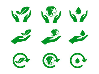 Eco friendly concept, sustainability, renewable energy and conservation. Green ecology icon set