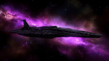 Space Battleship Navigating Through a Vibrant Nebula in the Vast Expanse of the Universe Environment