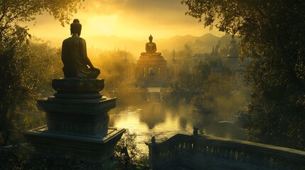 Golden sunrise over serene Buddha statues and misty Asian landscape.