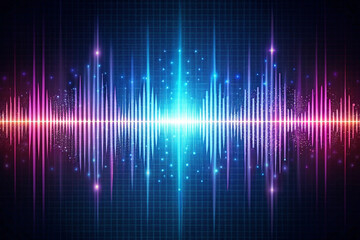 Colorful sound waves glowing, digital grid background, music visualization, website header