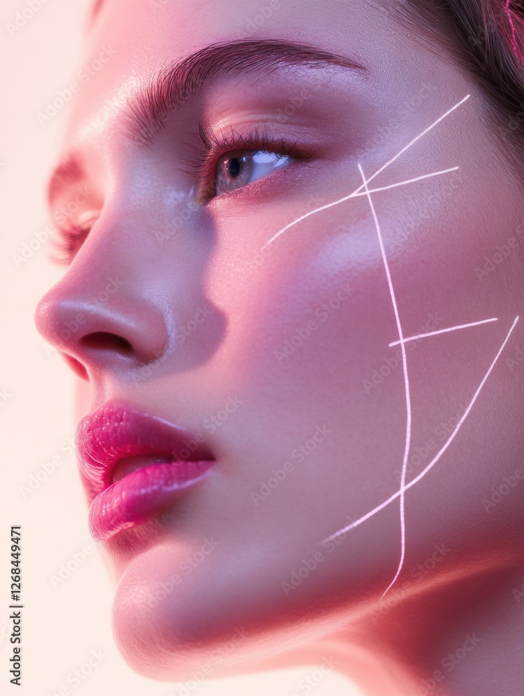 Poster model showcasing artistic makeup design with facial lines and soft lighting in a studio setting. gen