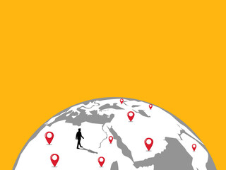 Businessman walks along the world map pins, expands branches, travels, searches for new businesses