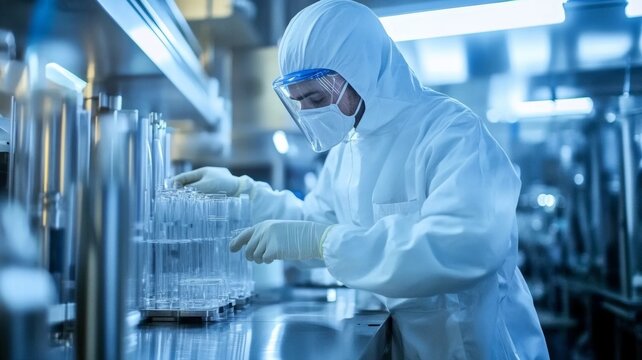 Inside a modern laboratory, a scientist wearing a full protective suit carefully handles test tubes on a metal workstation