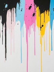 Fototapeta premium A close-up of the paint dripping on a white wall, the colors include black, yellow, pink, and blue, with simple shapes in a minimalist style