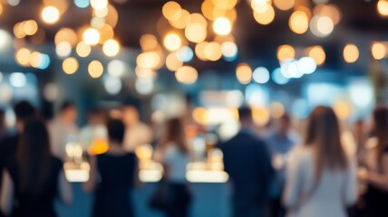 Various professionals interact during a business networking event, creating connections and sharing ideas in a vibrant setting filled with blurred lighting and attendees
