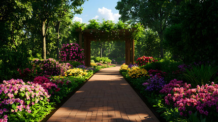 Obraz premium Sunlit Garden Path with Blooming Flowers and Wooden Arch