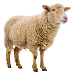 A fluffy sheep stands with a confident posture, showcasing its thick wool coat and friendly expression