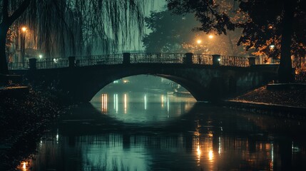 Mystical Foggy Night Scene with Bridge Reflection in Calm Water