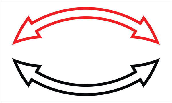 Set of double headed curve red and black arrows. Dual sided curved arrow icon. Black and red arrows set. Double reverse arrows. Black and red arrow. Replaceable vector design. Dual semi circle arrow. 