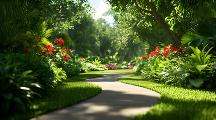 Fototapeta premium Sunlit Garden Path with Lush Greenery and Red Flowers