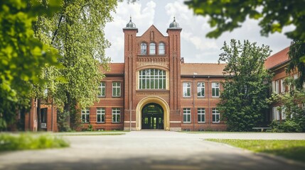 Historic Red Brick School Building Surrounded by Greenery and Trees