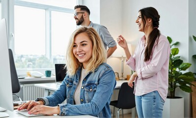 Fototapeta premium Dynamic and Energetic Workplace with a Happy Team – Modern Business Collaboration and Productivity