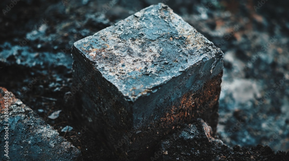 Poster square stone block with rough texture on dark earth background