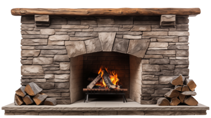 Rustic Stone Fireplace with Burning Firewood