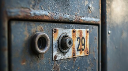 Detailed Close-Up of Rusty Lock with Number Twenty-Nine on Metal Surface