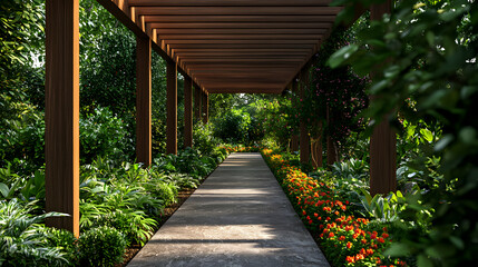Fototapeta premium Sunlit Garden Path with Wooden Pergola