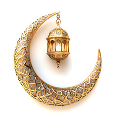 Golden Crescent Moon with Hanging Lantern – Symbol of Ramadan