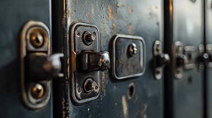 Close-up View of Vintage Lockers with Rusty Hardware and Patina