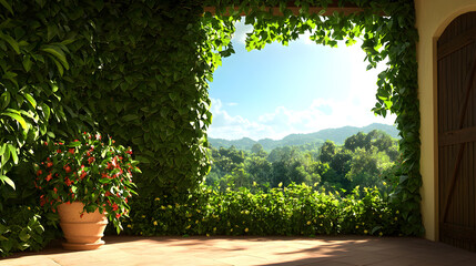 Sunlit Garden View Through a Leafy Archway