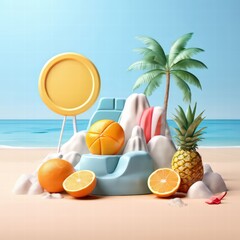 Obraz premium an AI Image Generator, Tropical Vacation Scene with Fruits, Umbrella,