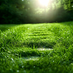 Naklejka premium Sunlit Grass Path Through Lush Green Lawn