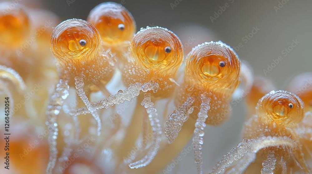 Poster a close-up view of transparent marine creatures with delicate features.