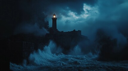 Dark Stormy Night with Lighthouse and Waves in Dramatic Atmosphere