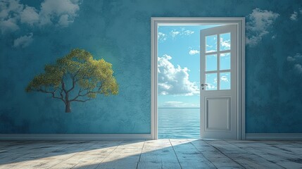 Tree in a room with an open doorway revealing a bright semi-white space scene