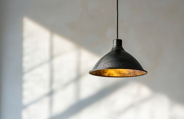 Obraz premium A metal pendant light hanging from the ceiling, against a white background with soft shadows and soft lighting, product photography
