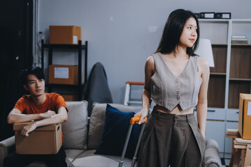 Stressed young married family couple arguing, blaming each other