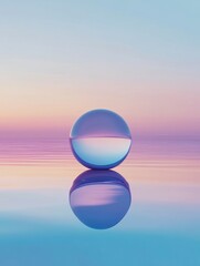 A minimalist composition featuring an illuminated sphere floating on the horizon, surrounded by soft gradient colors of blue and purple.