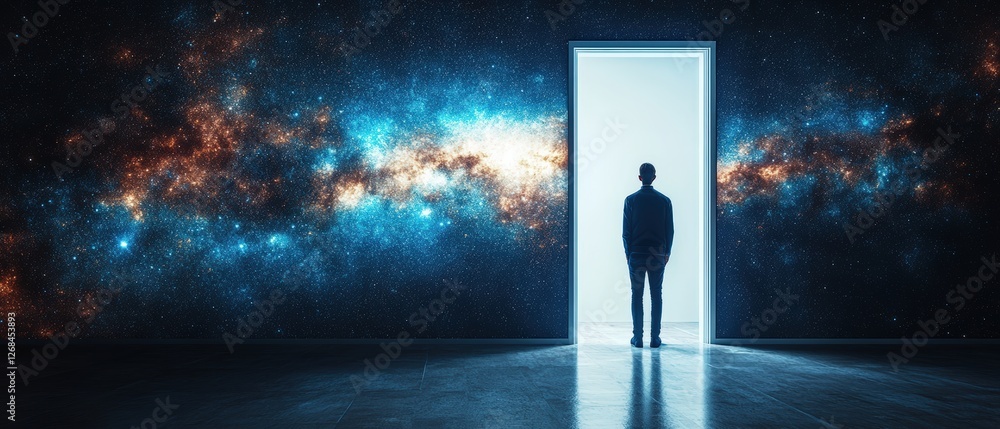 Poster man standing in front of door with galaxy background and open space scene
