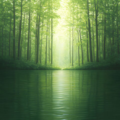 Sunlit Green Forest Lake Landscape