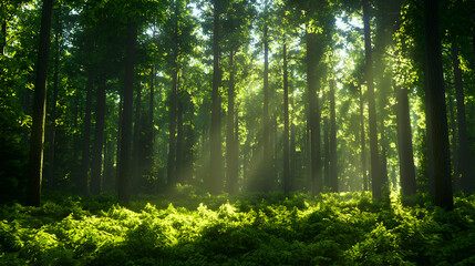 Obraz premium Sunlit Green Forest Landscape