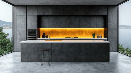 Modern kitchen island, coastal view, luxury home interior design