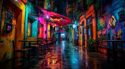 Naklejka premium Colorful Alleyway at Night with Vibrant Walls and Rain Effects