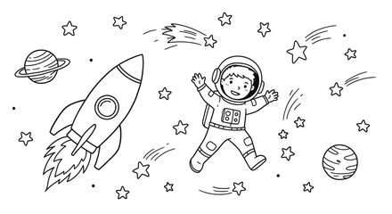 Space Adventure Coloring Page - Cute Astronaut, Rocket, and Planets in Doodle Style