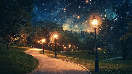 Serene Park Pathway Under Starry Night Sky with Street Lamps